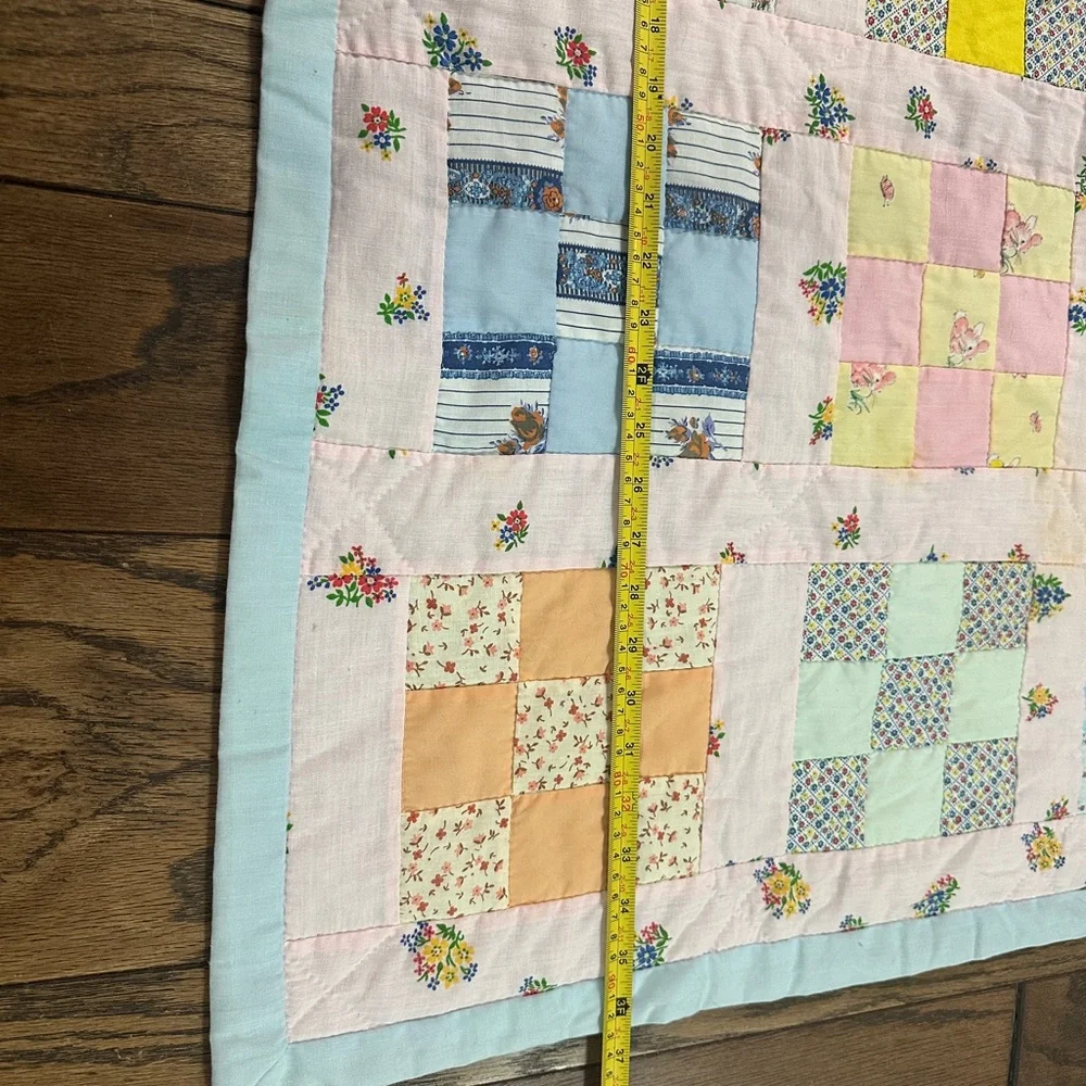 Handmade 9 Patch Pattern Baby Girl Quilt 36.6x52.5” Floral Bunnies Rooster